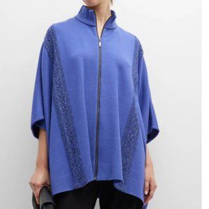 NWT Misook Sequins Crochet Stripe Poncho Zip Lagenlook Quiet Luxury Mature-OS